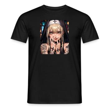 A beautiful tattooed nun with blond hair anime - Men's T-Shirt - black - Front - AI Model Male 178 light (178cm)