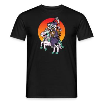 Halloween Grim Reaper rides a funny unicorn - Men's T-Shirt - black - Front - AI Model Male 178 light (178cm)