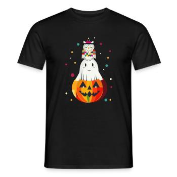 Owl and Ghost on the Pumpkin – Halloween Motif - Men's T-Shirt - black - Front - AI Model Male 178 light (178cm)