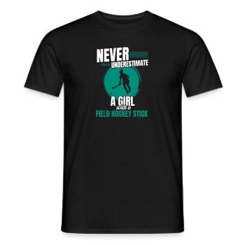Une fille avec un bâton de hockey sur gazon marque un but sportif - T-shirt homme - noir - Devant - AI Model Male 178 light (178cm)