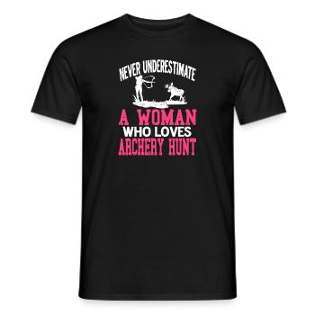 Never Underestimate A Woman Who Loves Archery Hunt - Men's T-Shirt - black - Front - AI Model Male 178 light (178cm)