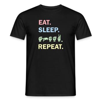 Manger dormir Parler Répéter avec la langue des signes DGS ASL - T-shirt homme - noir - Devant - AI Model Male 178 light (178cm)