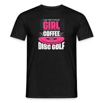 Girl Happy With Coffee And Disc Golf Disc Golfer F - Men's T-Shirt - black - Front - AI Model Male 178 light (178cm)