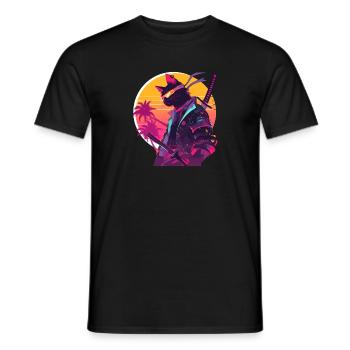 Chat samouraï des années 80 Style Vintage - T-shirt homme - noir - Devant - AI Model Male 178 light (178cm)