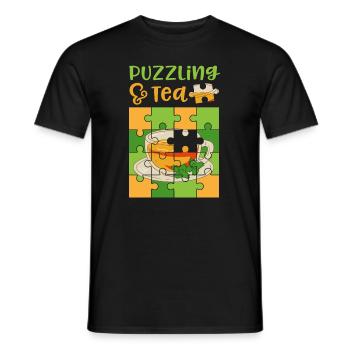 Tea and Puzzles Funny Saying Jigsaw Puzzling - Men's T-Shirt - black - Front - AI Model Male 178 light (178cm)