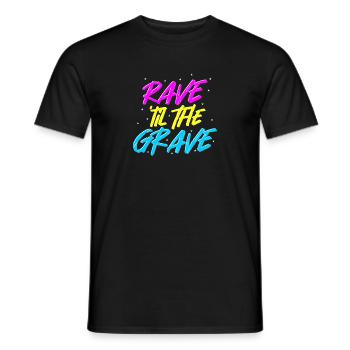 Rave til The Grave Techno Festival Outfit Ladies - Men's T-Shirt - black - Front - AI Model Male 178 light (178cm)