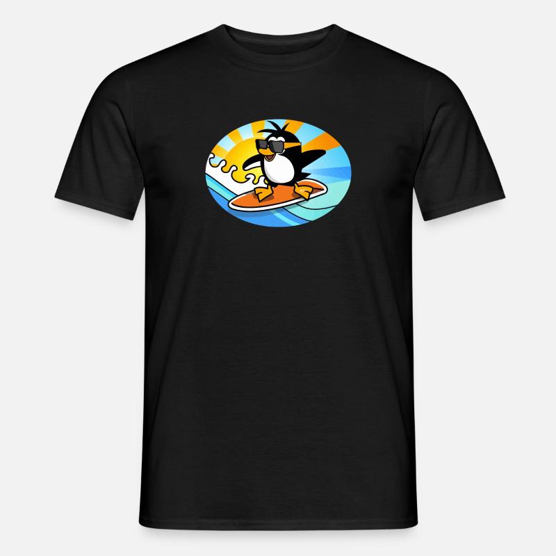 Pinguin mit Sonnenbrille auf einem Surfboard - Männer T-Shirt - Schwarz