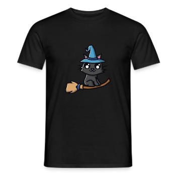 Chat avec un chapeau de sorcière sur un balai de sorcière - T-shirt homme - noir - Devant - AI Model Male 178 light (178cm)