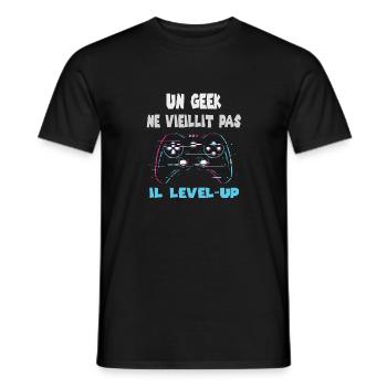 a geek doesn't grow old he level up - Men's T-Shirt - black - Front - AI Model Male 178 light (178cm)
