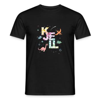 KJELL - Beautiful boy name with cute dinosaurs - Men's T-Shirt - black - Front - AI Model Male 178 light (178cm)
