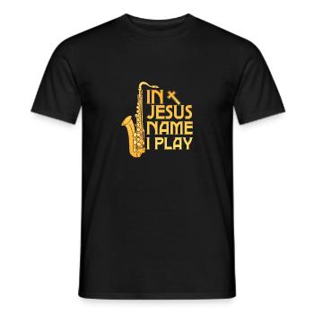 In Jesus Name I Play Saxophonist Marching Band Sax - Men's T-Shirt - black - Front - AI Model Male 178 light (178cm)