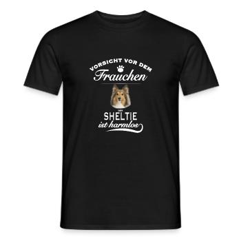 Vorsicht vor dem Frauchen - Sheltie ist harmlos - Männer T-Shirt - Schwarz - Vorne - AI Model Male 178 light (178cm)