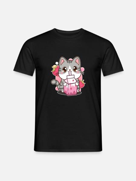 Erdbeer-Shake Erdbeer-Milchkatze Kawaii Neko - Männer T-Shirt - Schwarz