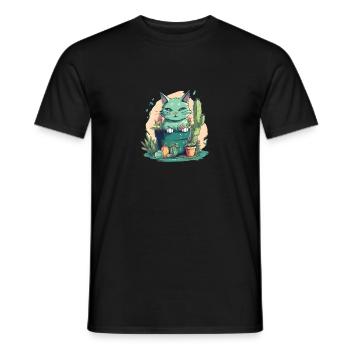 Green cat in flower pot with cactus and pumpkin - Men's T-Shirt - black - Front - AI Model Male 178 light (178cm)