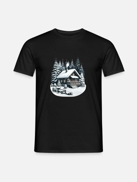 Behagliche Winterlandschaft mit Schneebedeckter Hü - Männer T-Shirt - Schwarz