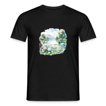 Ruhige Seelandschaft mit Schwänen und Seerosen - Männer T-Shirt - Schwarz - Vorne - AI Model Male 178 light (178cm)