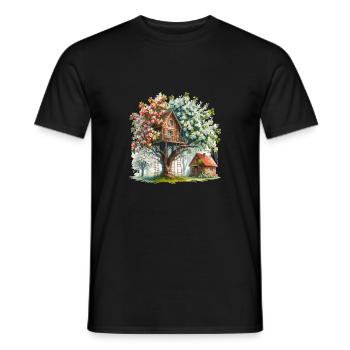 Cabane dans les arbres confortable entourée de pommiers en fleurs - T-shirt homme - noir - Devant - AI Model Male 178 light (178cm)
