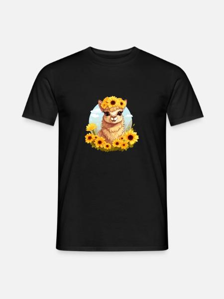 Alpaka mit Sonnenblumen - Männer T-Shirt - Schwarz