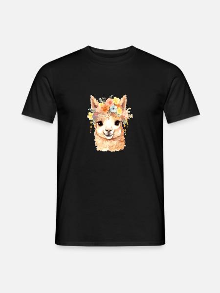 Alpaka mit Blumen - Männer T-Shirt - Schwarz