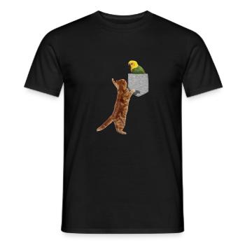 Chat atteignant la perruche dans une fausse poche imprimée - T-shirt homme - noir - Devant - AI Model Male 178 light (178cm)