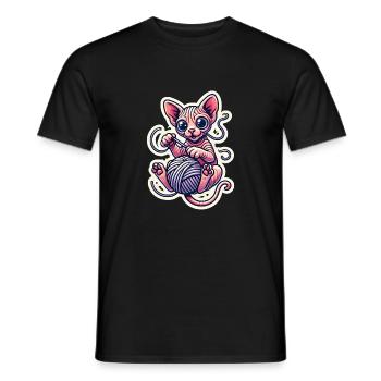 Cute Sphynx Kitten playing with a Yarn - Men's T-Shirt - black - Front - AI Model Male 178 light (178cm)