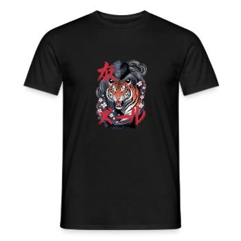 Tiger with cherry blossoms and Japanese - Men's T-Shirt - black - Front - AI Model Male 178 light (178cm)