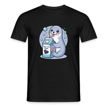 Kawaii Robbe Trinken Blaubeere Milch Niedliches Tier - Männer T-Shirt - Schwarz - Vorne - AI Model Male 178 light (178cm)