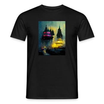 Neon Buddha Cyber Stadt im Regen - Männer T-Shirt - Schwarz - Vorne - AI Model Male 178 light (178cm)