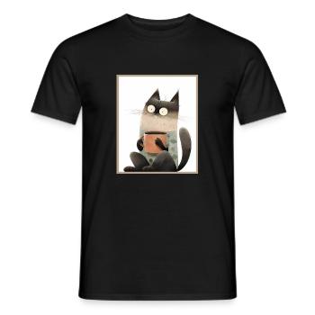 Cat with coffee mug - Men's T-Shirt - black - Front - AI Model Male 178 light (178cm)