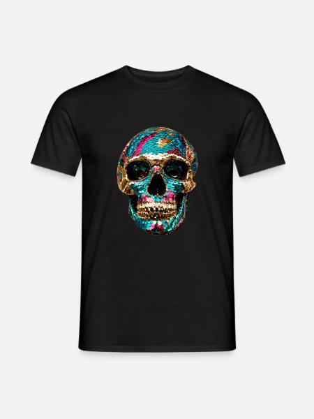 Totenkopf,metallisch,pailletten,nieten,gold,silber - T-shirt herr - svart