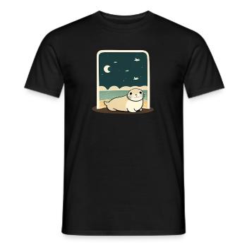 Cute Chubby Seal at Shore with Night Sky - Men's T-Shirt - black - Front - AI Model Male 178 light (178cm)