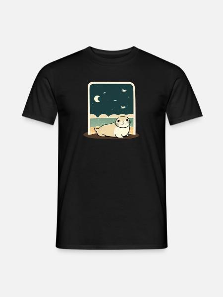 Niedliche mollige Robbe am Ufer mit Nachthimmel - Männer T-Shirt - Schwarz