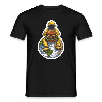 Astronaut is happy about his burger in space - Men's T-Shirt - black - Front - AI Model Male 178 light (178cm)