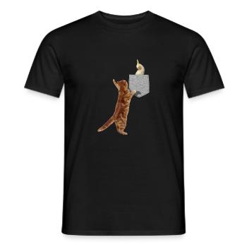 Katze, die Cockatiel-Vogel im gefälschten Druck-Ein erreicht - Männer T-Shirt - Schwarz - Vorne - AI Model Male 178 light (178cm)