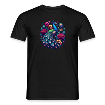 Majestätischer Pfau mit Blumenpracht in - Männer T-Shirt - Schwarz - Vorne - AI Model Male 178 light (178cm)