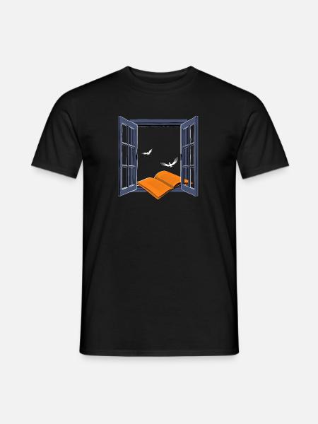 Orangefarbenes Buch mit fliegenden Vögeln: Dunkle Farben - Männer T-Shirt - Schwarz