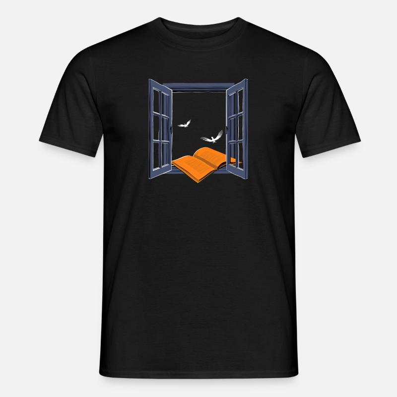 Orangefarbenes Buch mit fliegenden Vögeln: Dunkle Farben - Männer T-Shirt - Schwarz