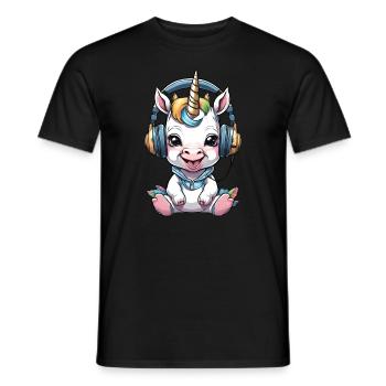 Bébé licorne avec écouteurs - T-shirt homme - noir - Devant - AI Model Male 178 light (178cm)