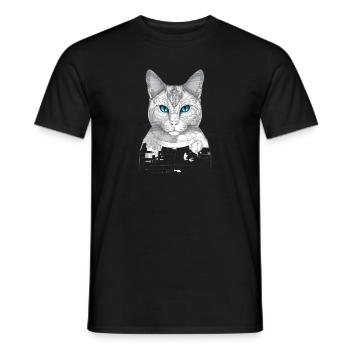 Portrait of Robot cat. Drawing, blue colored eyes - Men's T-Shirt - black - Front - AI Model Male 178 light (178cm)