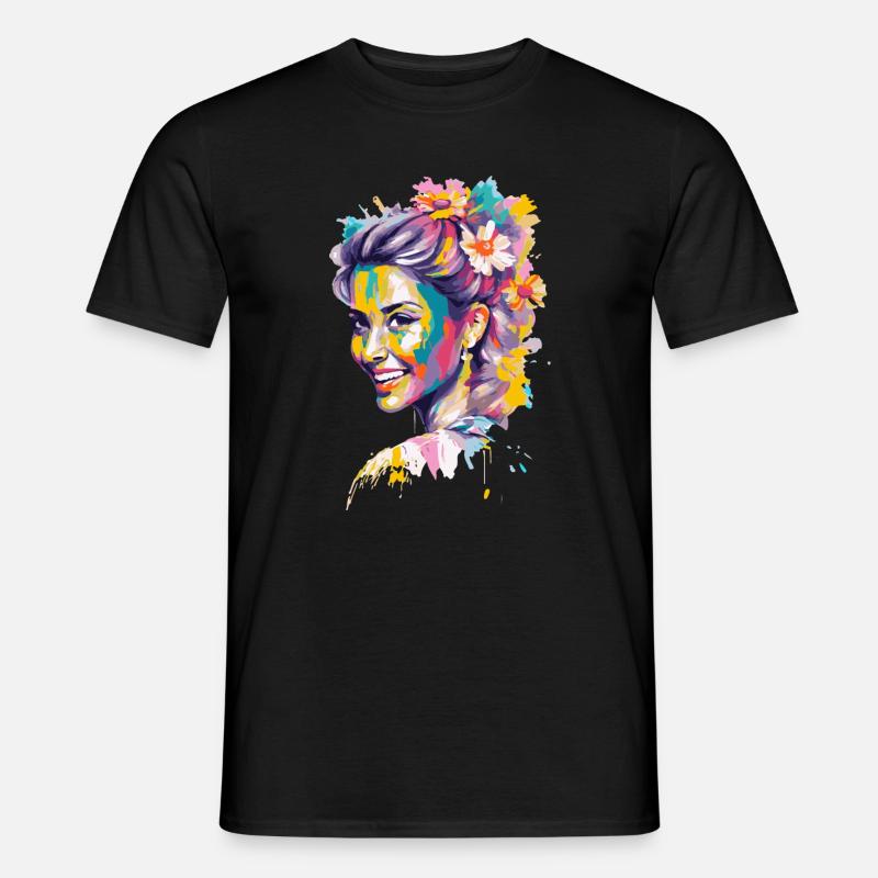 Buntes Blumiges Popporträt - Männer T-Shirt - Schwarz
