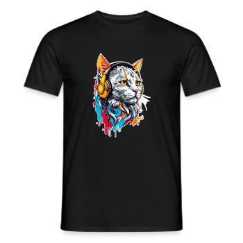 Cat listens to music - Men's T-Shirt - black - Front - AI Model Male 178 light (178cm)