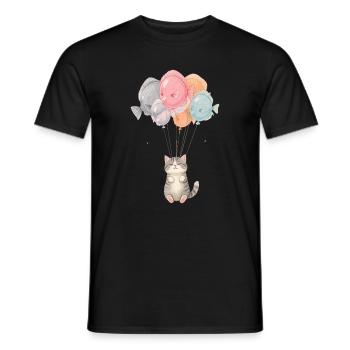 Cute Cat with Fish Balloons – Cartoon Design - Men's T-Shirt - black - Front - AI Model Male 178 light (178cm)