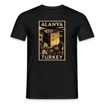 Alanya Turkey – Gold/Black Linocut Travel Poster - Men's T-Shirt - black - Front - AI Model Male 178 light (178cm)
