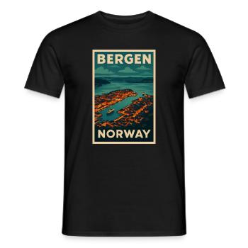 Bergen Norway – Retro Travel Poster Harbour View - Men's T-Shirt - black - Front - AI Model Male 178 light (178cm)