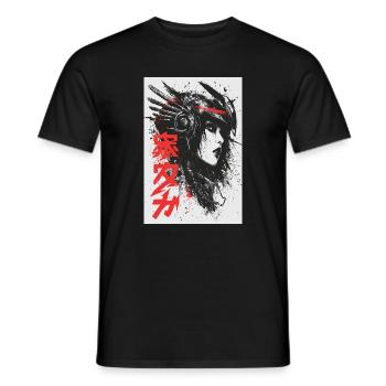 Futuristic Ink Portrait with Red Kanji - Men's T-Shirt - black - Front - AI Model Male 178 light (178cm)
