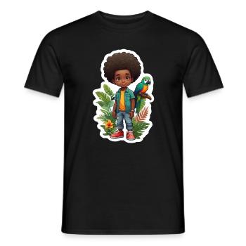 Kind mit Papagei umgeben von tropischer Natur - Männer T-Shirt - Schwarz - Vorne - AI Model Male 178 light (178cm)