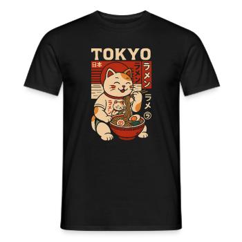 Un chat chanceux mange des ramen à Tokyo - T-shirt homme - noir - Devant - AI Model Male 178 light (178cm)
