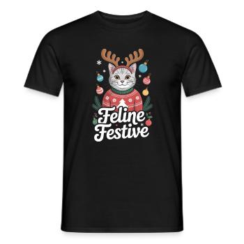 Feline Festive Weihnachts Katze Rentier Geweih - Männer T-Shirt - Schwarz - Vorne - AI Model Male 178 light (178cm)