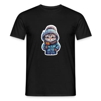 Cat with jacket and hat in the snow - Men's T-Shirt - black - Front - AI Model Male 178 light (178cm)