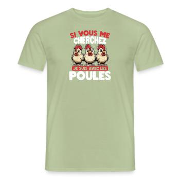 Si vous me cherchez, je suis avec les poules - T-shirt homme - vert sauge - Devant - AI Model Male 178 light (178cm)
